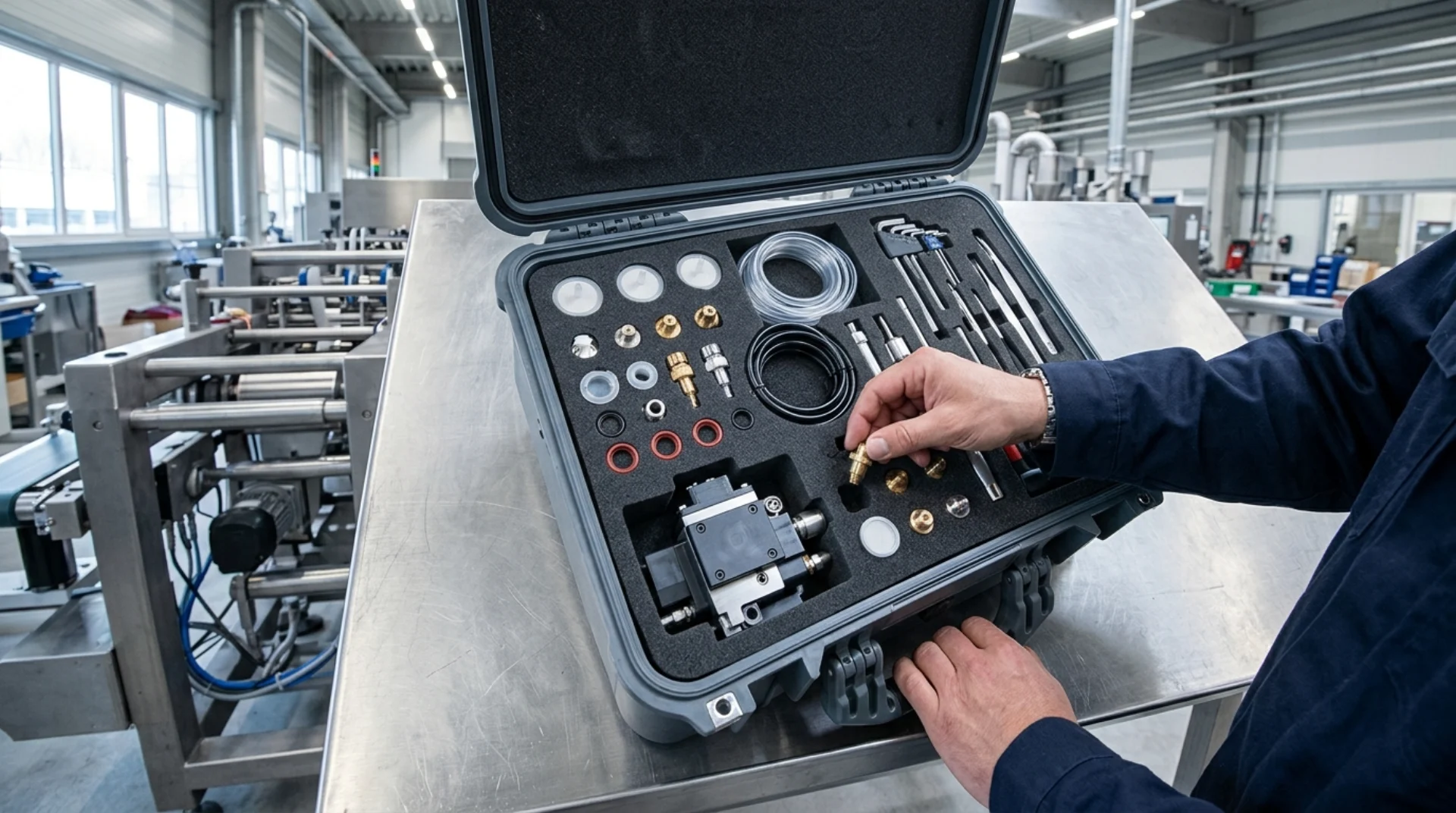 Geordneter Ersatzteilkoffer eines Servicetechnikers auf einer Edelstahl-Werkbank, Hände entnehmen ein kleines Teil, Konzeptvisualisierung