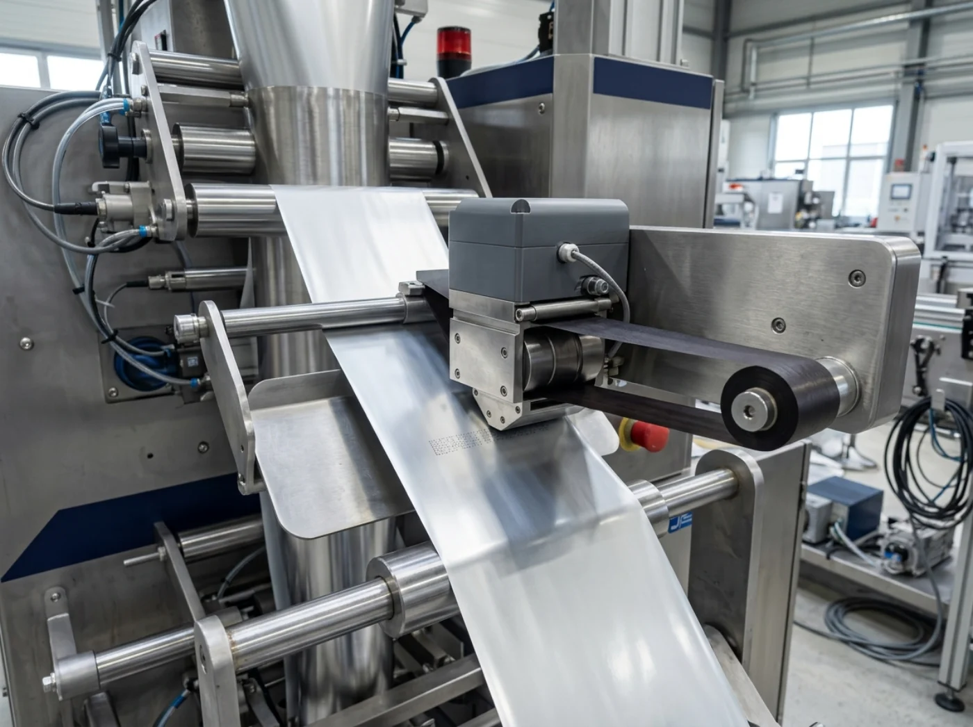 Thermotransferdrucker an einer Schlauchbeutelmaschine mit Farbband und Folienbahn, Konzeptvisualisierung