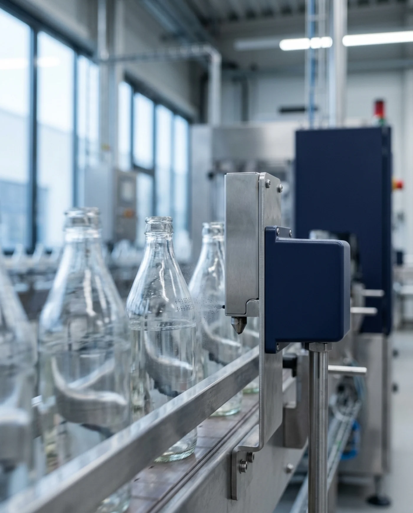 Inkjet-Druckkopf an einem Förderband setzt einen kleinen Punktcode auf die Schulter vorbeilaufender Glasflaschen, feiner Tintennebel im Licht, Konzeptvisualisierung