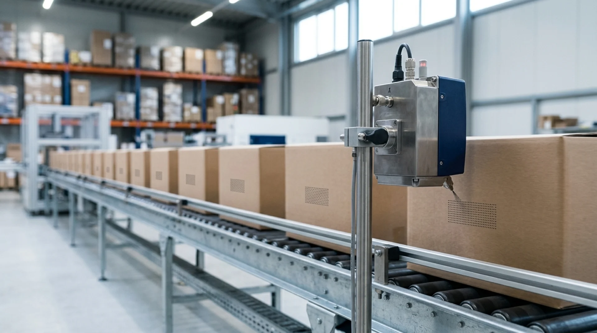 Hochauflösender Inkjet-Druckkopf an einem Kartonförderer druckt einen großen 2D-Code direkt auf Versandkartons, Konzeptvisualisierung