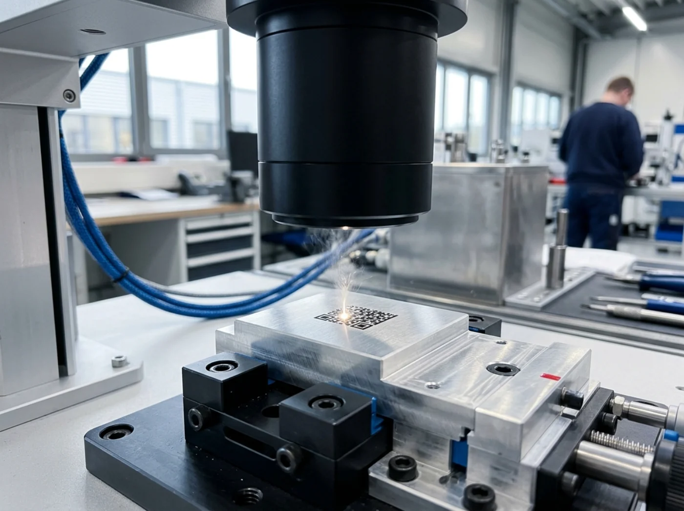 Faserlaser markiert einen Matrixcode auf ein gefrästes Aluminiumteil, Konzeptvisualisierung