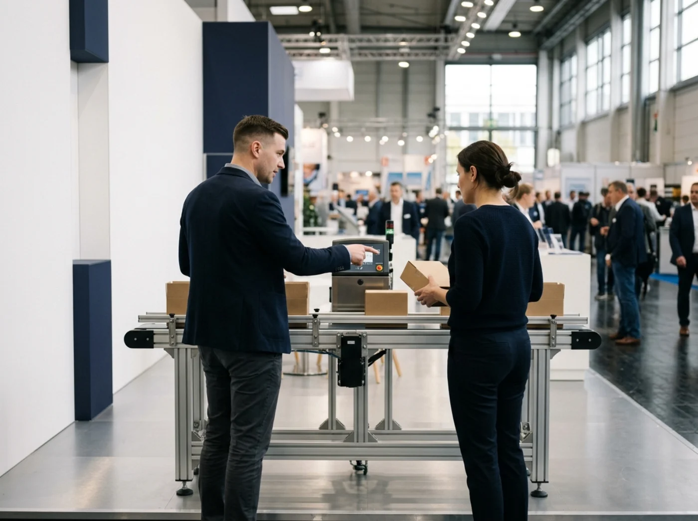 Zwei Erwachsene im Gespräch an einem schlichten Messestand mit einem Vorführband und Codiergerät, im Hintergrund die Messehalle, Konzeptvisualisierung