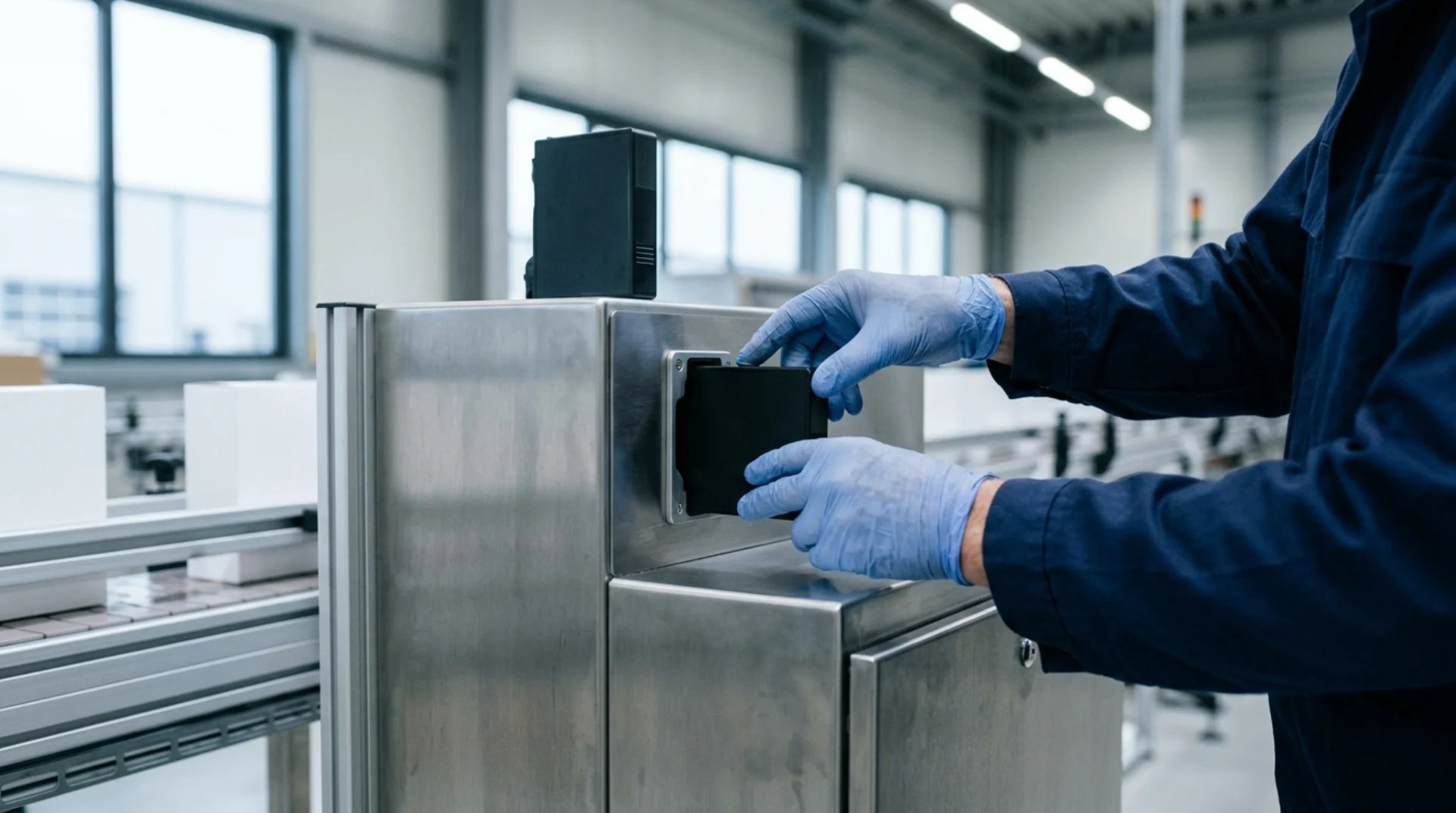 Hände in blauen Nitrilhandschuhen setzen eine unbeschriftete Tintenkartusche in einen Industriedrucker ein, Konzeptvisualisierung
