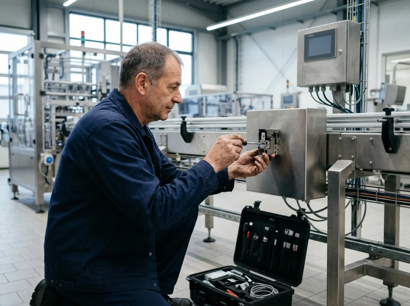 Servicetechniker kniet an einer Verpackungslinie und justiert mit einem Schraubendreher einen Druckkopf, daneben ein geordneter Werkzeugkoffer, Konzeptvisualisierung